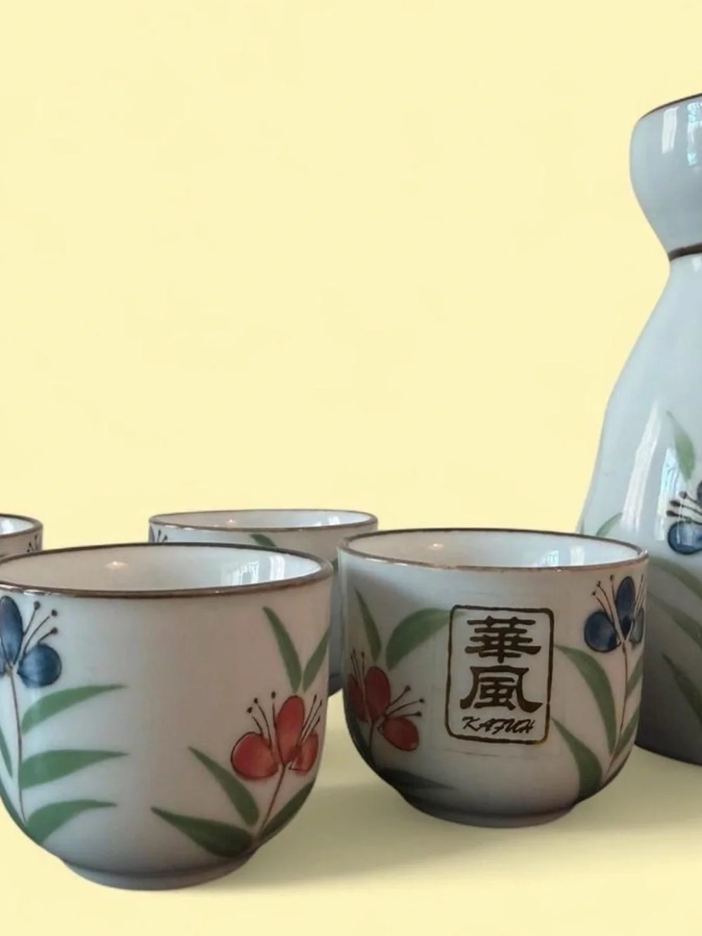 Hand-Painted Vintage Japanese Sake Set with Floral Motif